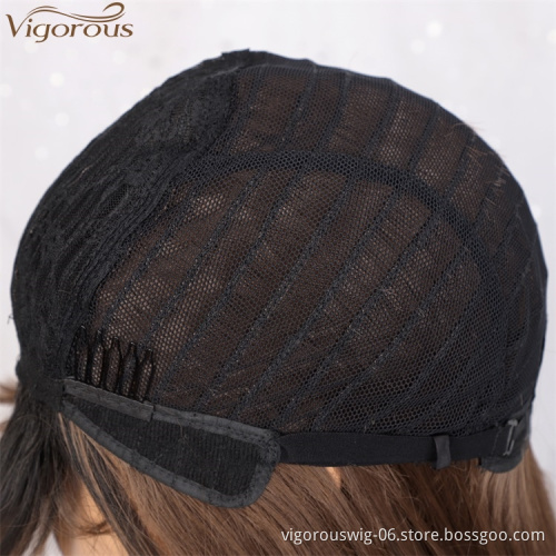 Vigorous Ombre Black Roots To Brown Middle Part Long Silky Straight Wig With Bangs Lace Front Synthetic Hair Wig